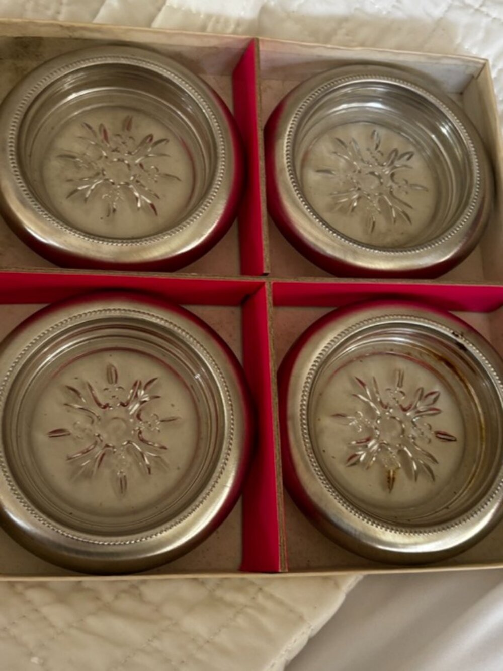 Vintage Leonard Crystal Silverplate Coasters Ashtrays Set of 4 Box